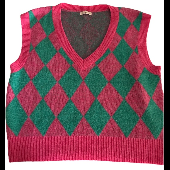 Ces Femme Pink Green Argyle V Neck Sweater Vest Oversized Women’s Large - Picture 1 of 7